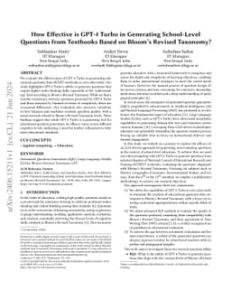 How Effective is GPT-4 Turbo in Generating School-Level Questions from
  Textbooks Based on Bloom's Revised Taxonomy?