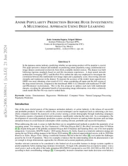 Anime Popularity Prediction Before Huge Investments: a Multimodal
  Approach Using Deep Learning