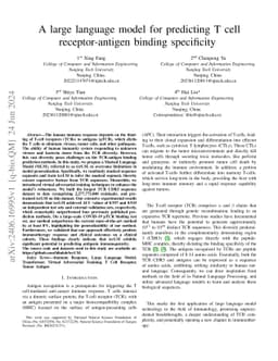 A large language model for predicting T cell receptor-antigen binding
  specificity