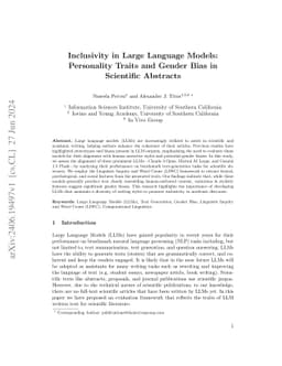 Inclusivity in Large Language Models: Personality Traits and Gender Bias
  in Scientific Abstracts