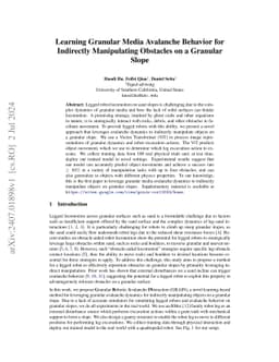 Learning Granular Media Avalanche Behavior for Indirectly Manipulating
  Obstacles on a Granular Slope