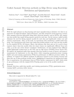 Unified Anomaly Detection methods on Edge Device using Knowledge
  Distillation and Quantization