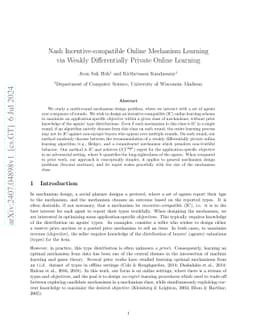 Nash Incentive-compatible Online Mechanism Learning via Weakly
  Differentially Private Online Learning
