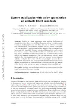 System stabilization with policy optimization on unstable latent
  manifolds