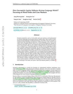 Does Incomplete Syntax Influence Korean Language Model? Focusing on Word
  Order and Case Markers