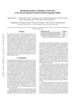 Identifying Speakers in Dialogue Transcripts: A Text-based Approach
  Using Pretrained Language Models