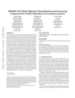 MODRL-TA:A Multi-Objective Deep Reinforcement Learning Framework for
  Traffic Allocation in E-Commerce Search