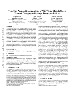 TopicTag: Automatic Annotation of NMF Topic Models Using Chain of
  Thought and Prompt Tuning with LLMs