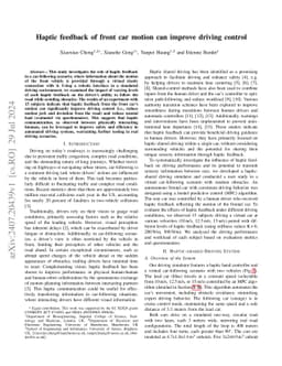 Haptic feedback of front car motion can improve driving control
