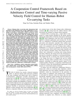 A Cooperation Control Framework Based on Admittance Control and
  Time-varying Passive Velocity Field Control for Human--Robot Co-carrying
  Tasks