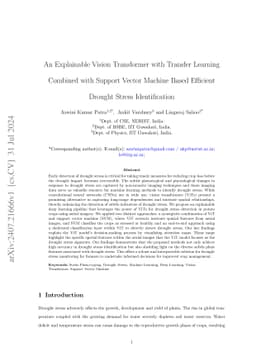 An Explainable Vision Transformer with Transfer Learning Combined with
  Support Vector Machine Based Efficient Drought Stress Identification
