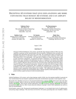 Deceptive AI systems that give explanations are more convincing than
  honest AI systems and can amplify belief in misinformation