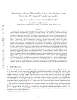 Automated Software Vulnerability Static Code Analysis Using Generative
  Pre-Trained Transformer Models