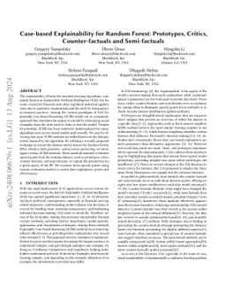 Case-based Explainability for Random Forest: Prototypes, Critics,
  Counter-factuals and Semi-factuals