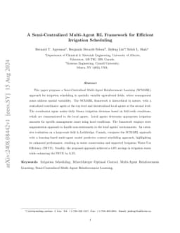 A semi-centralized multi-agent RL framework for efficient irrigation
  scheduling