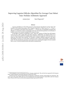 Improving Lagarias-Odlyzko Algorithm For Average-Case Subset Sum:
  Modular Arithmetic Approach