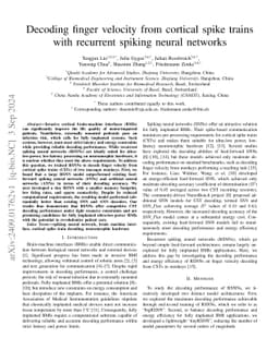 Decoding finger velocity from cortical spike trains with recurrent
  spiking neural networks