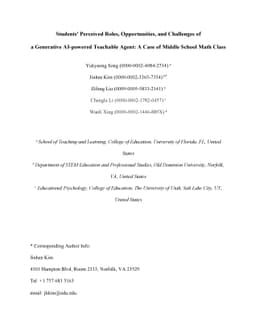 Students' Perceived Roles, Opportunities, and Challenges of a Generative
  AI-powered Teachable Agent: A Case of Middle School Math Class