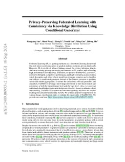 Privacy-Preserving Federated Learning with Consistency via Knowledge
  Distillation Using Conditional Generator