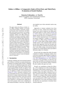 Online vs Offline: A Comparative Study of First-Party and Third-Party
  Evaluations of Social Chatbots