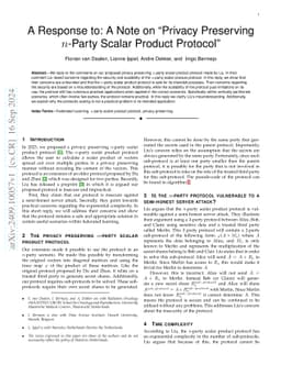 A Response to: A Note on "Privacy Preserving n-Party Scalar Product
  Protocol"