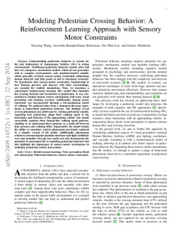Modeling Pedestrian Crossing Behavior: A Reinforcement Learning Approach
  with Sensory Motor Constraints