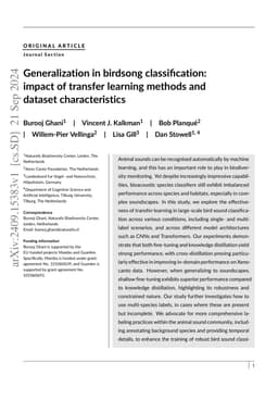 Generalization in birdsong classification: impact of transfer learning
  methods and dataset characteristics