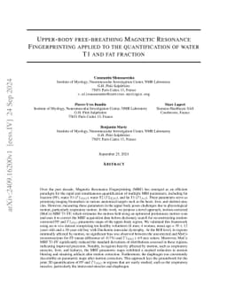 Upper-body free-breathing Magnetic Resonance Fingerprinting applied to
  the quantification of water T1 and fat fraction