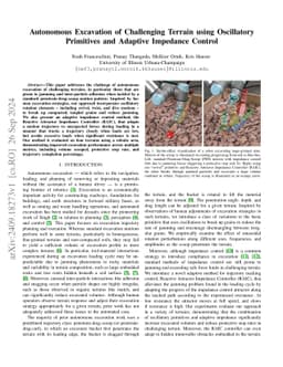 Autonomous Excavation of Challenging Terrain using Oscillatory
  Primitives and Adaptive Impedance Control