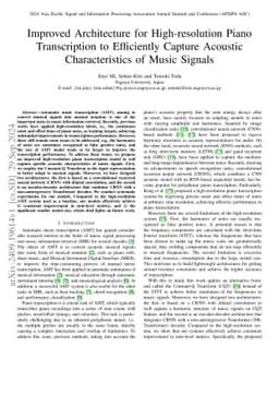 Improved Architecture for High-resolution Piano Transcription to
  Efficiently Capture Acoustic Characteristics of Music Signals