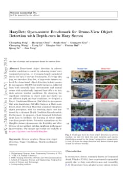 HazyDet: Open-source Benchmark for Drone-view Object Detection with
  Depth-cues in Hazy Scenes