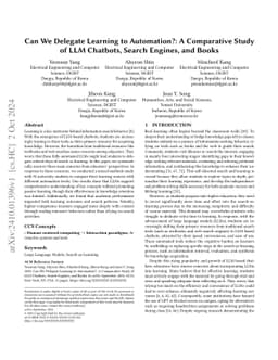 Can We Delegate Learning to Automation?: A Comparative Study of LLM
  Chatbots, Search Engines, and Books