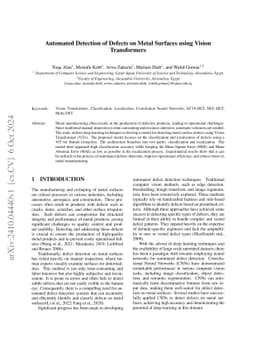 Automated Detection of Defects on Metal Surfaces using Vision
  Transformers