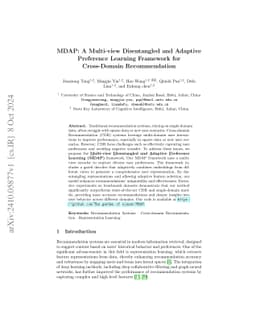 MDAP: A Multi-view Disentangled and Adaptive Preference Learning
  Framework for Cross-Domain Recommendation