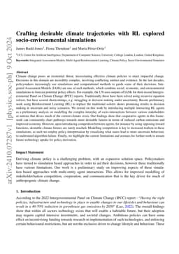 Crafting desirable climate trajectories with RL explored
  socio-environmental simulations