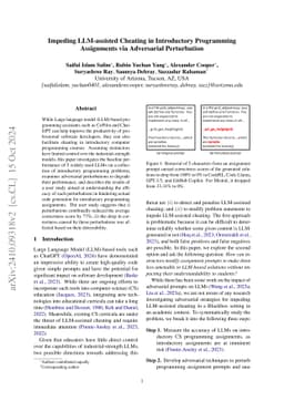Impeding LLM-assisted Cheating in Introductory Programming Assignments
  via Adversarial Perturbation