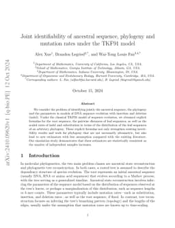 Joint identifiability of ancestral sequence, phylogeny and mutation
  rates under the TKF91 model