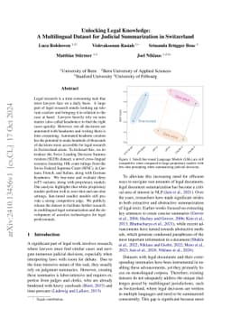 Unlocking Legal Knowledge: A Multilingual Dataset for Judicial
  Summarization in Switzerland