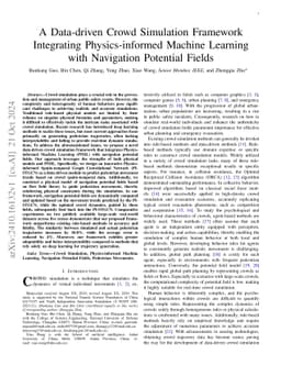A Data-driven Crowd Simulation Framework Integrating Physics-informed
  Machine Learning with Navigation Potential Fields