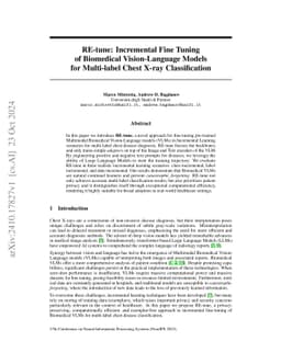 RE-tune: Incremental Fine Tuning of Biomedical Vision-Language Models
  for Multi-label Chest X-ray Classification