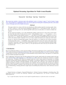 Optimal Streaming Algorithms for Multi-Armed Bandits