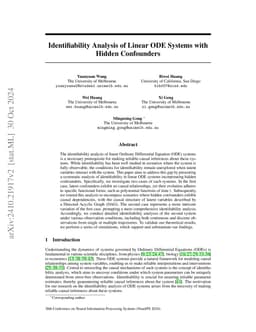 Identifiability Analysis of Linear ODE Systems with Hidden Confounders