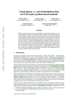 Unlearning in- vs. out-of-distribution data in LLMs under gradient-based
  method