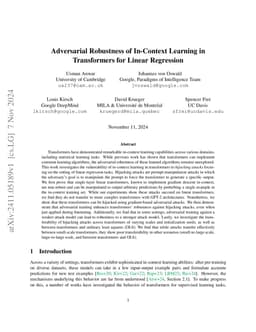 Adversarial Robustness of In-Context Learning in Transformers for Linear
  Regression