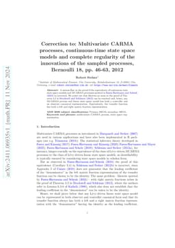 Correction to: Multivariate CARMA processes, continuous-time state space
  models and complete regularity of the innovations of the sampled processes,
  Bernoulli 18, pp. 46-63, 2012
