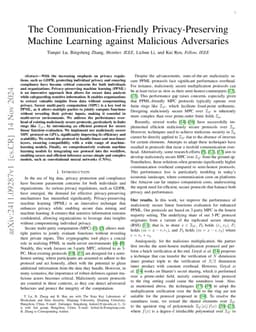 The Communication-Friendly Privacy-Preserving Machine Learning against
  Malicious Adversaries