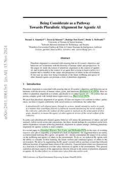 Being Considerate as a Pathway Towards Pluralistic Alignment for Agentic
  AI