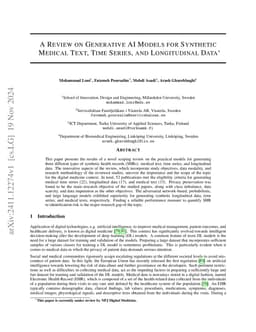 A Review on Generative AI Models for Synthetic Medical Text, Time
  Series, and Longitudinal Data