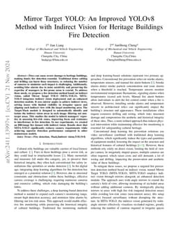 Mirror Target YOLO: An Improved YOLOv8 Method with Indirect Vision for
  Heritage Buildings Fire Detection