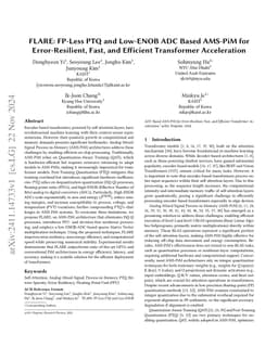 FLARE: FP-Less PTQ and Low-ENOB ADC Based AMS-PiM for Error-Resilient,
  Fast, and Efficient Transformer Acceleration